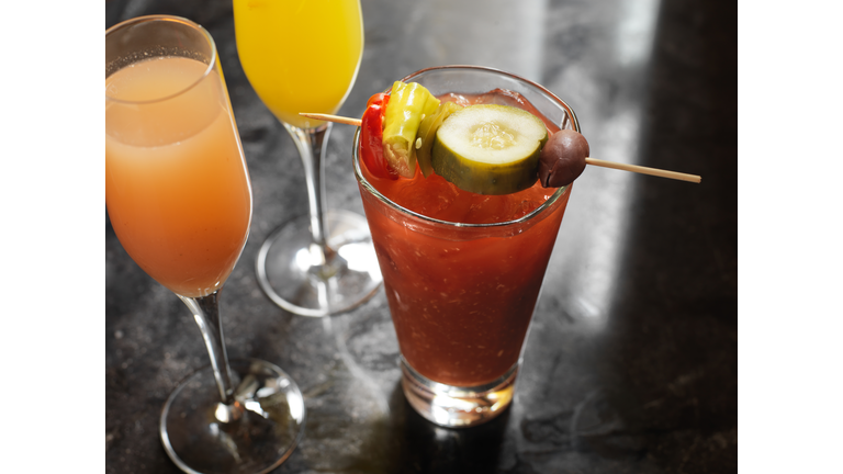 Morning Cocktails on the Bar: Bloody Mary, Mimosa