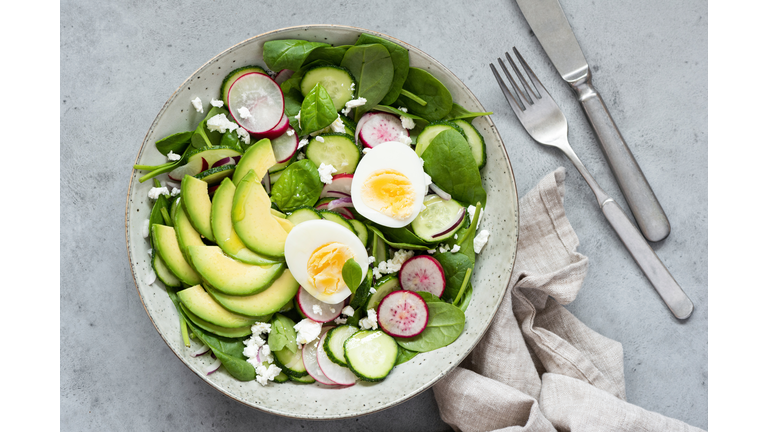 Healthy salad bowl table top view