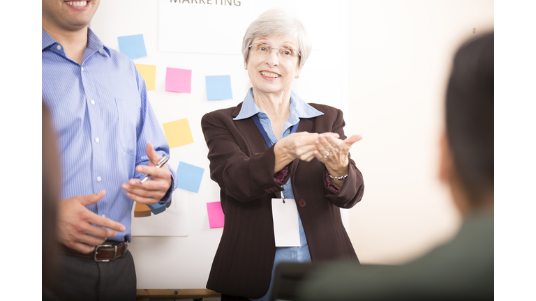 Interpreter signing during business meeting.