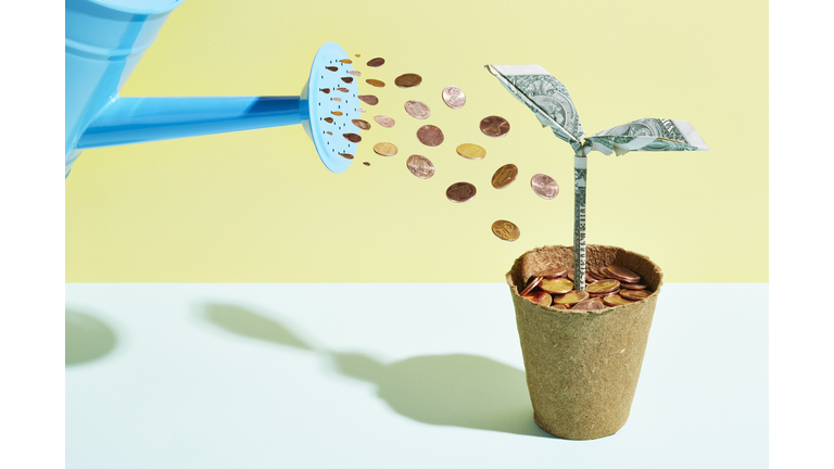 Origami dollar seedling being watered with coins