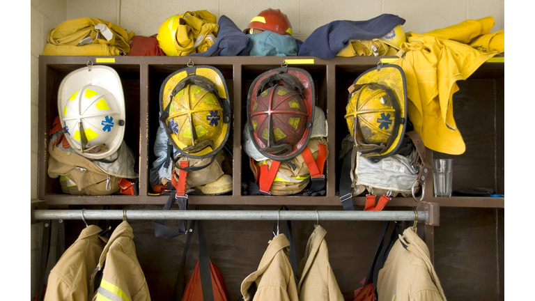 Fireman Helmets in an Equipment Locker