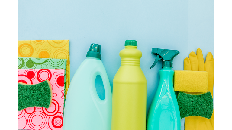 top view collection of cleaning supplies