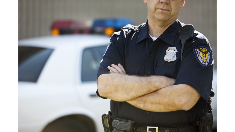 USA, serious cop standing by car