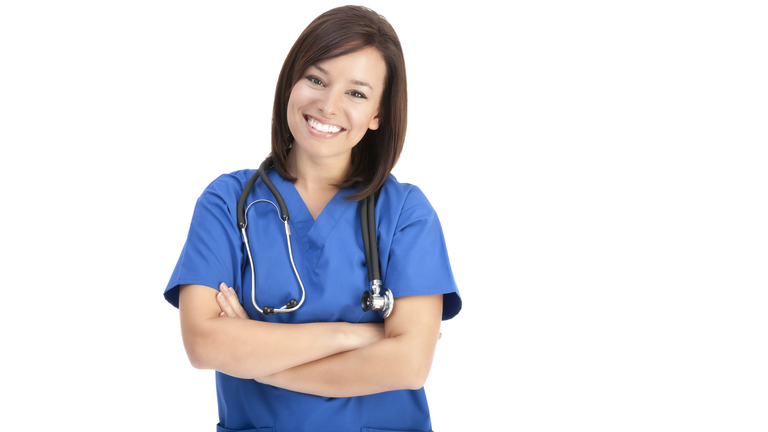 Cheerful Young Nurse in Blue Scrubs