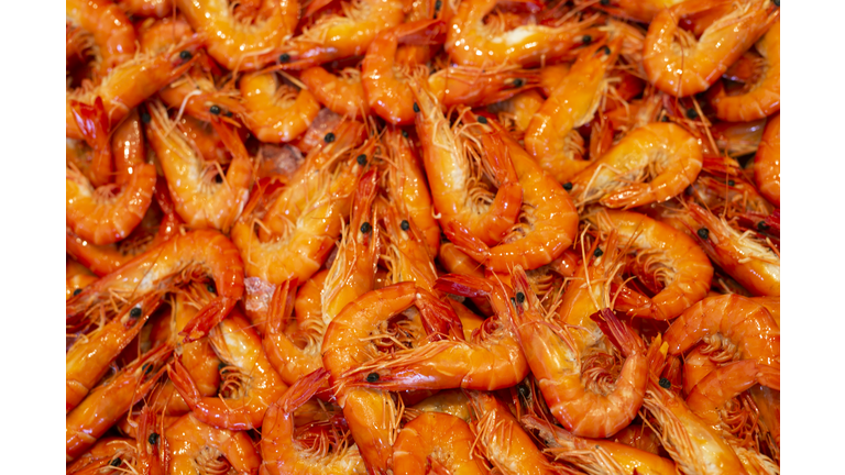 Full frame of texture, food, seafood, group of red shrimp