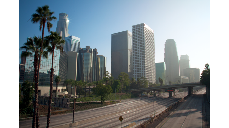 Empty freeway through downtown Los Angeles