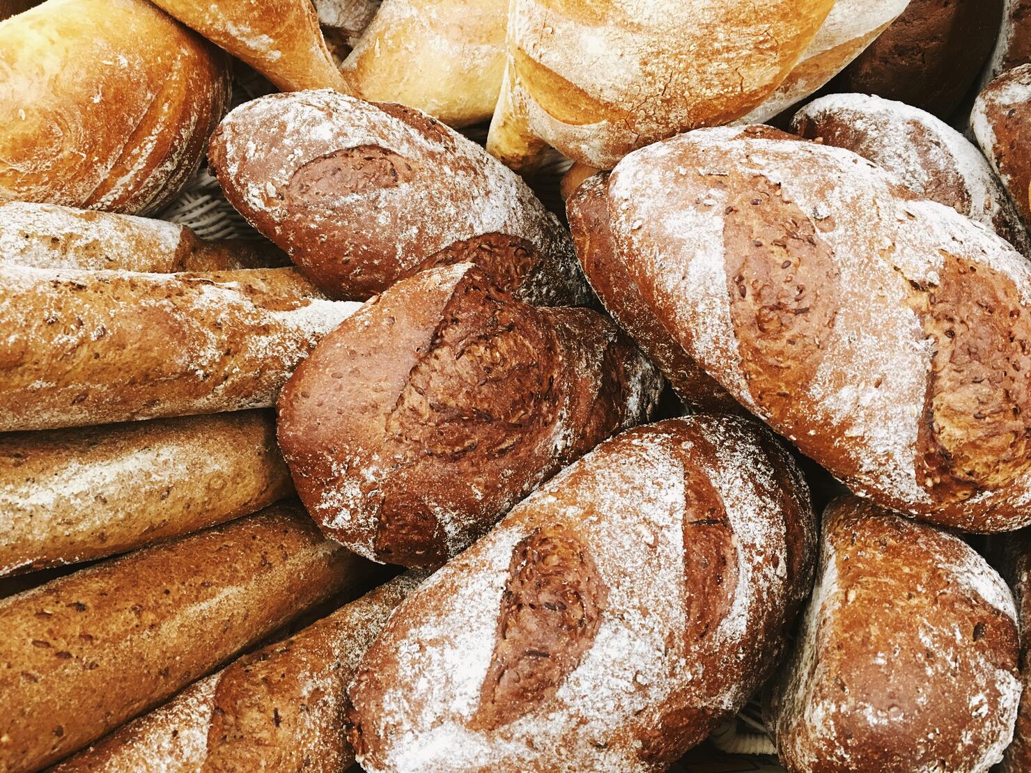 Fresh baked bread on a display in bakery