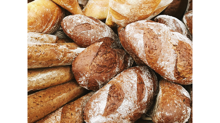 Fresh baked bread on a display in bakery