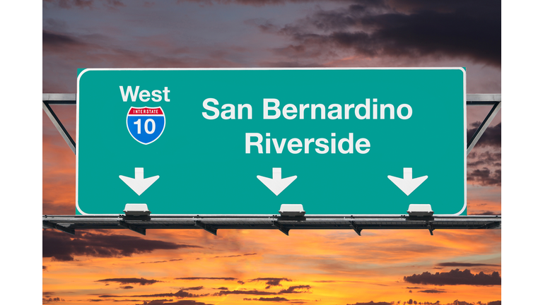 San Bernardino Riverside Interstate 10 West Highway Sign with Sunrise
