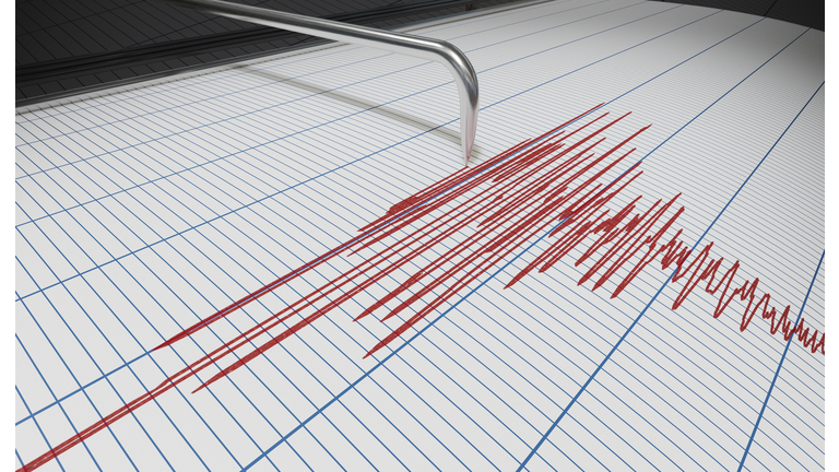 Seismograph for earthquake detection or lie detector is drawing chart. 3D rendered illustration.