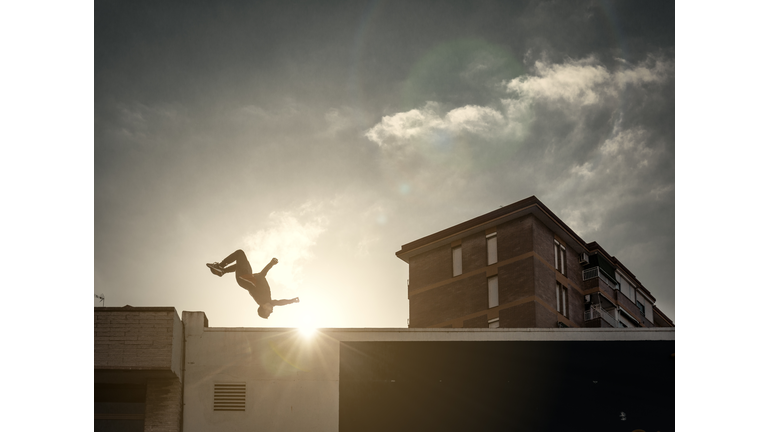 Man practicing parkour in the city