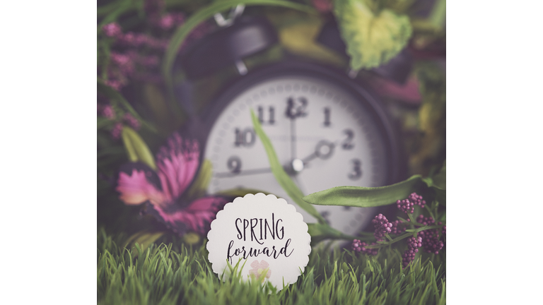 Clock in grass with spring foliage. Daylight Savings Time reminder