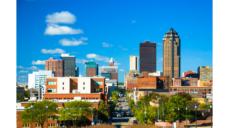Des Moines Skyline View with Blue Sky and Clouds