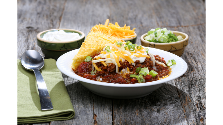 Chili with cornbread and fixings