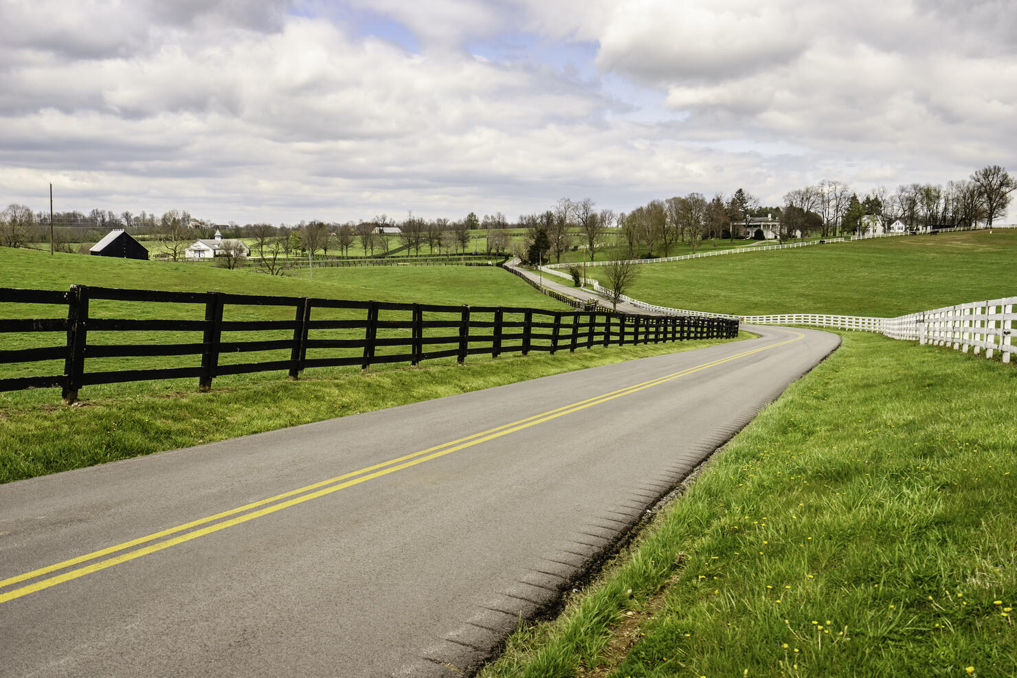 Winding two-lane rural road in bluegrass region of Kentucky