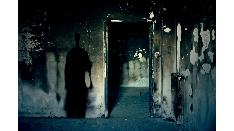 Scary scene with spooky shadow in a dark room of an abandoned building