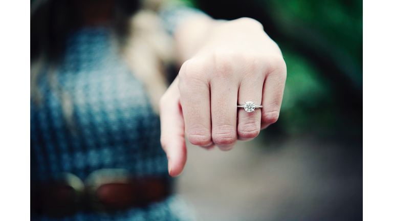 Close-Up Of Diamond Ring In Human Finger