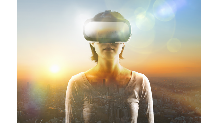 Woman using a virtual reality headset.