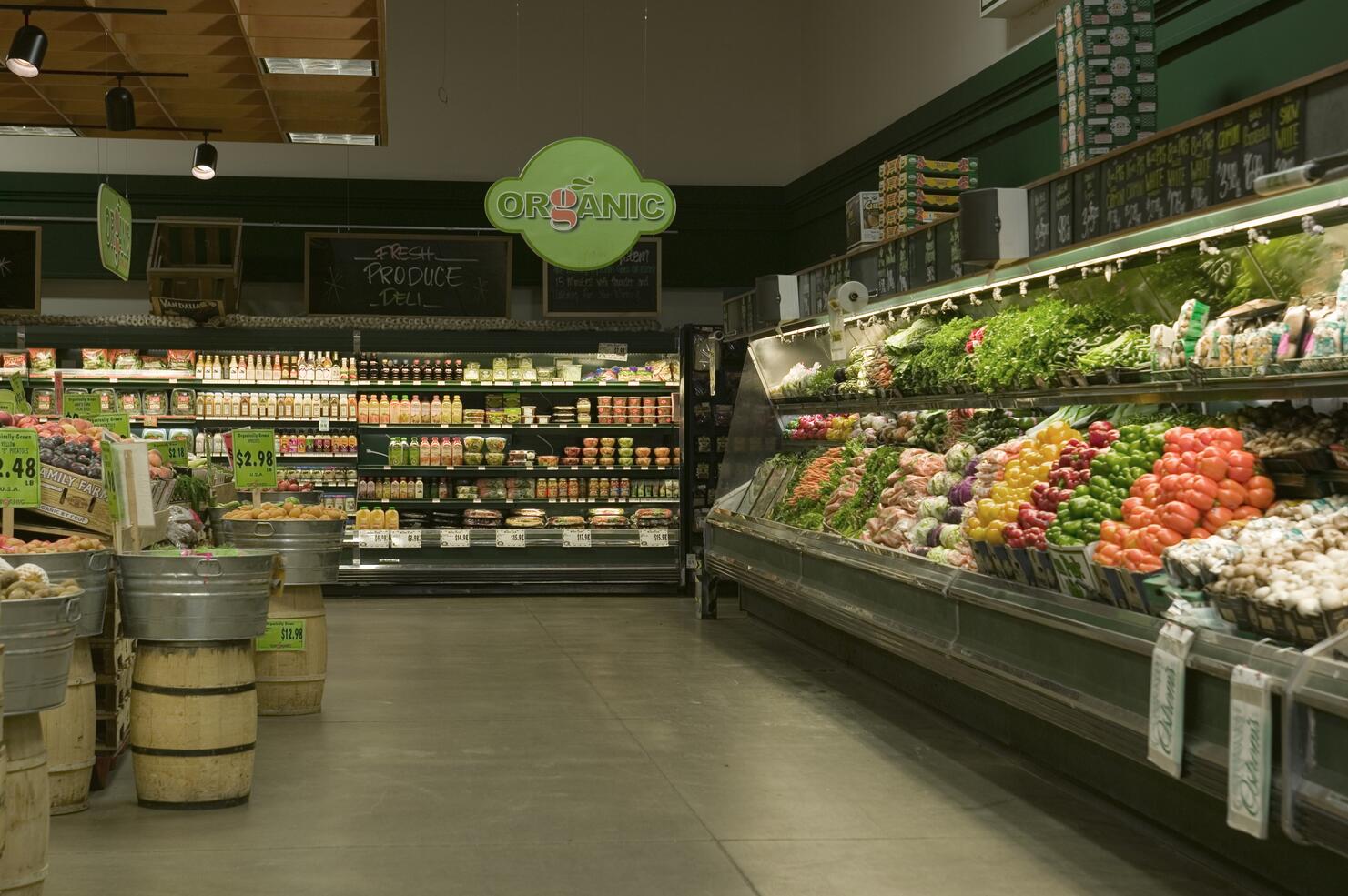 Organic produce aisle in supermarket