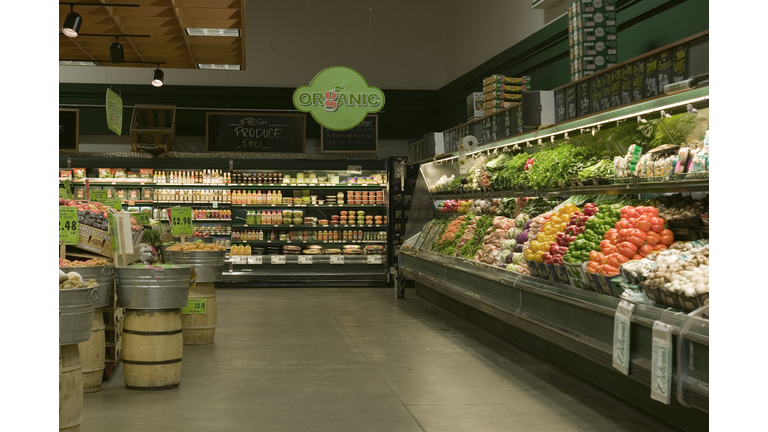 Organic produce aisle in supermarket