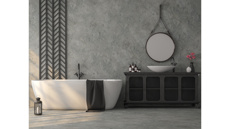 Industrial loft style bathroom with polished concrete 3d render