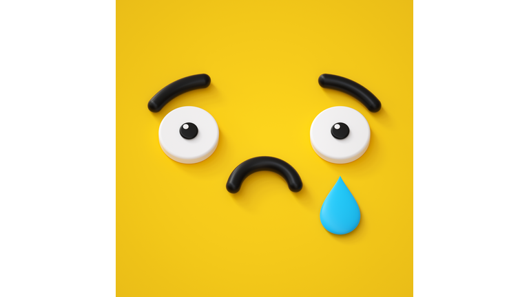 3d render, abstract emotional sad face icon, tears, sorrow, disappointed character illustration, cute cartoon monster, emoji, emoticon, toy