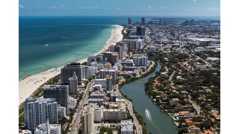 Aerial view of South Beach Miami Florida cityscape