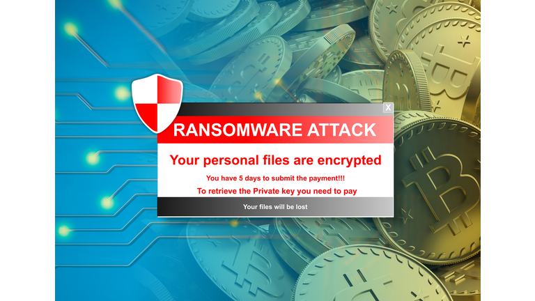 Ransomware alert on a bitcoins background. 3d illustration