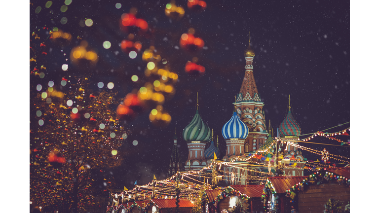 Christmas and New Year celebration market at the Red square in Moscow, Russia