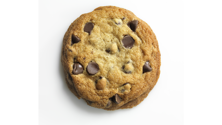 Homemade Chocolate Chip Cookie on white, overhead, XXXL