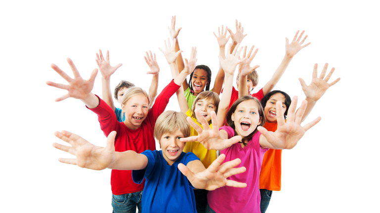 Group of kids with arms up,