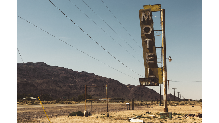 USA, California, Mojave Desert, sign of abandoned motel at route 66