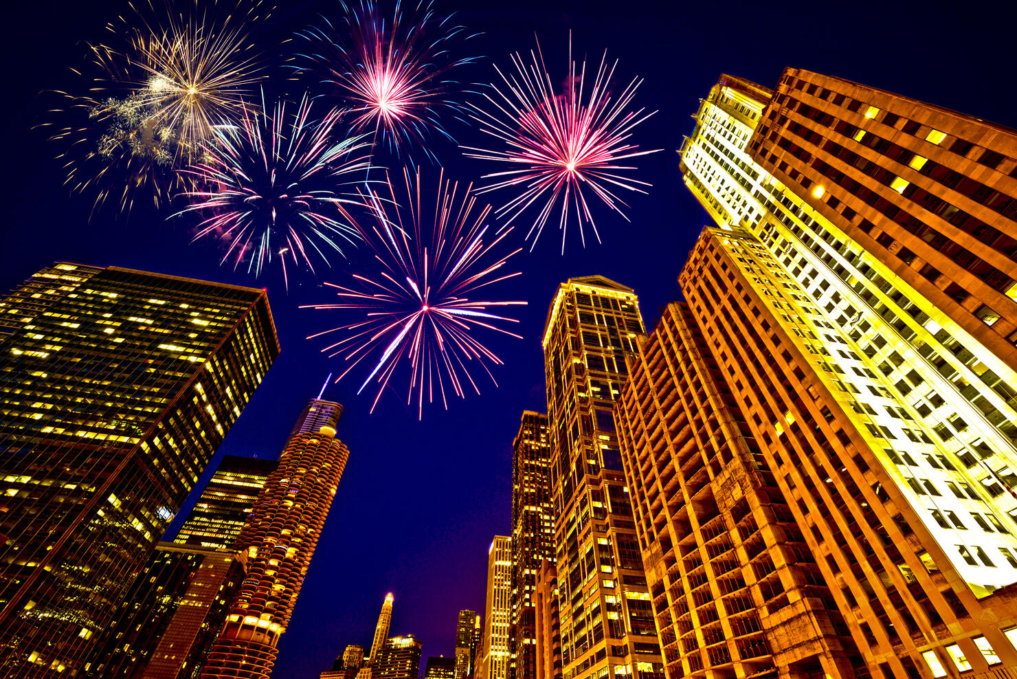 Fireworks over Chicago skyscrapers, United States