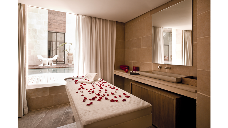 Morocco, Fes, Hotel Riad Fes, massage table at spa