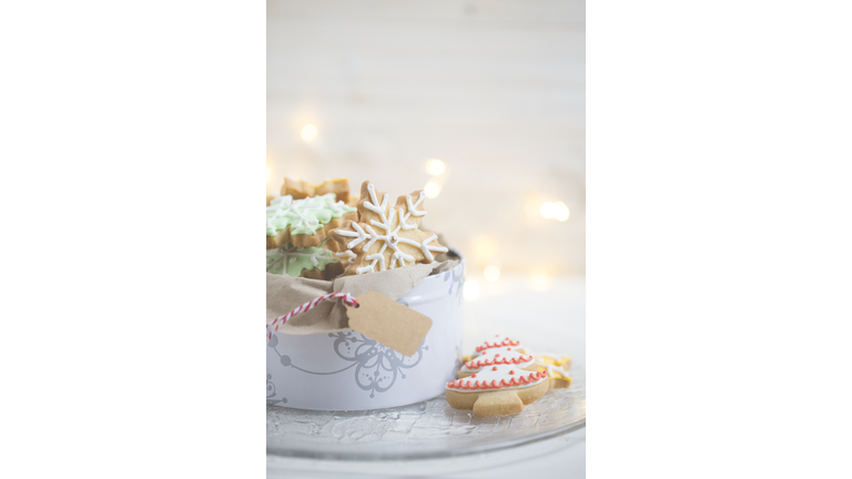 Close-up of a tin of Christmas cookies