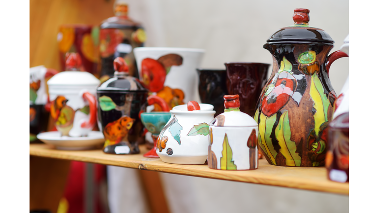 Ceramic dishes, tableware and jugs sold on Easter market in Vilnius