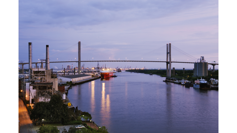 Bridge over Savannah city waterfront at night, Georgia, United States