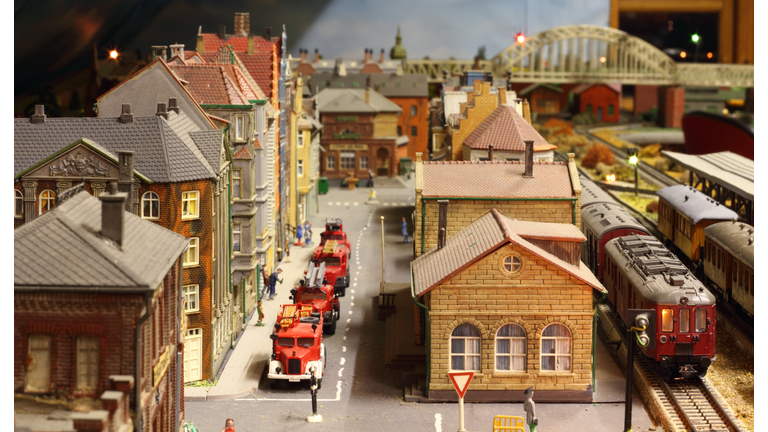 Model railroad layout with fire engines