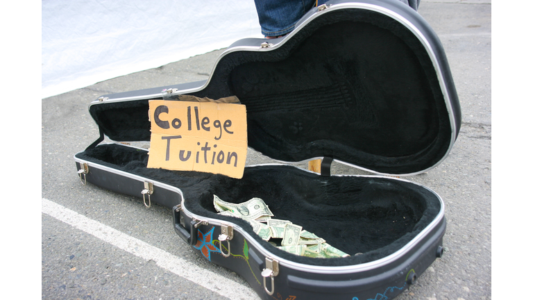 Guitar case open with money for tips with "College Tuition" sign