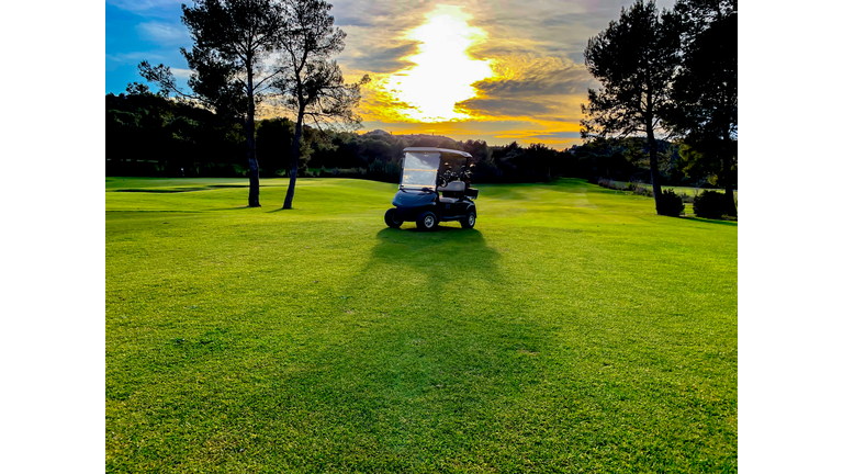 Golf Cart on Golf Course with Sunlight