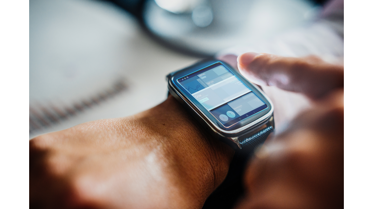 Businesswoman using smartwatch.