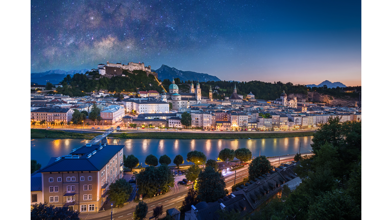 View of cityscape of Salzburg Cathedral, Fortress Hohensalzburg, and old castle in center of old town with river and road along the river at sunset time with milky way in Salzburg, Austria, Europe and also view of snow on alps mountain in background