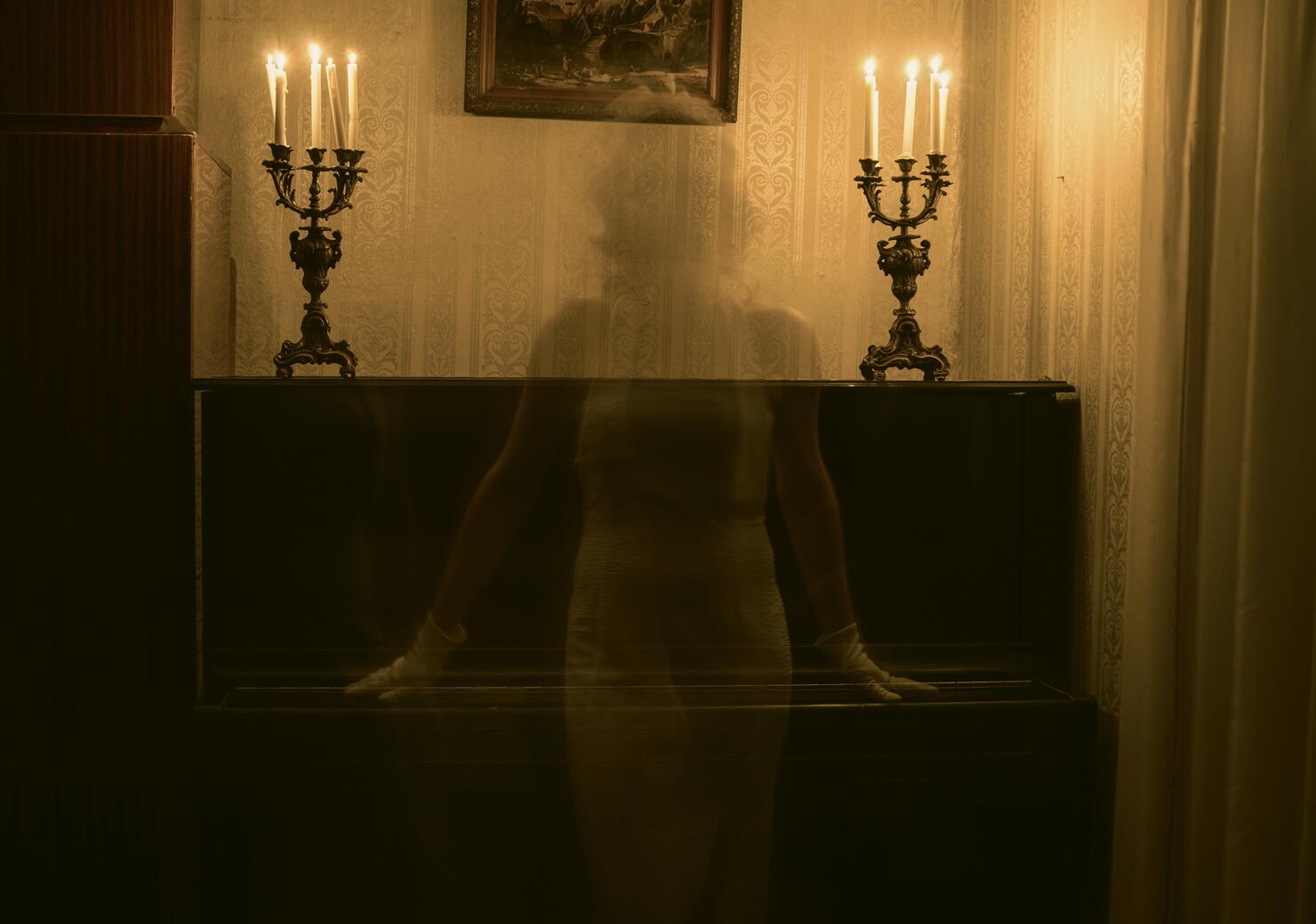 Female Ghost Against Piano In Darkroom