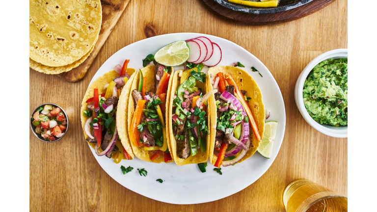 tasty mexican tacos with beef fajita filling served with salsa
