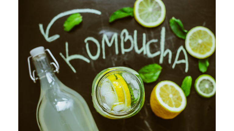 Top view on homemade Kombucha with fruits