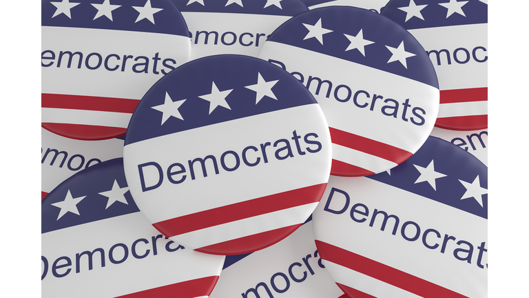 USA Politics News Badge: Pile of Democrats Buttons With US Flag, 3d illustration