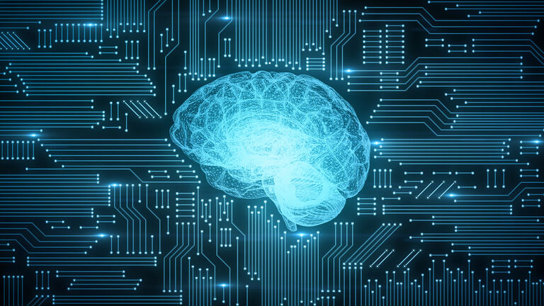 Blue digital computer brain on circuit board with glows and flares