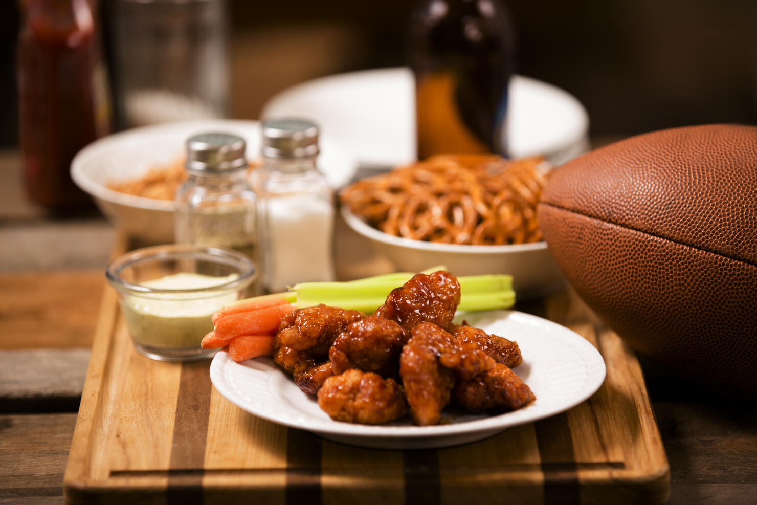 Pub food. Snacks, beer, football. Spicy chicken wings.