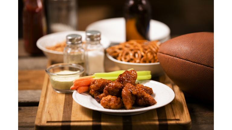 Pub food. Snacks, beer, football. Spicy chicken wings.