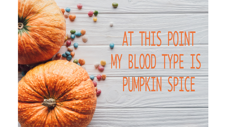 top view of pumpkins and colorful candies on wooden background  with "at this point my blood type is pumpkin spice" lettering